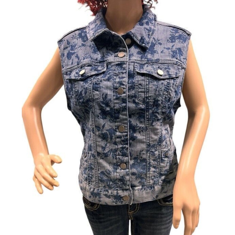 Liverpool Jeans Blue Floral Stretch Denim Cowgirl Western Button Up Vest Large